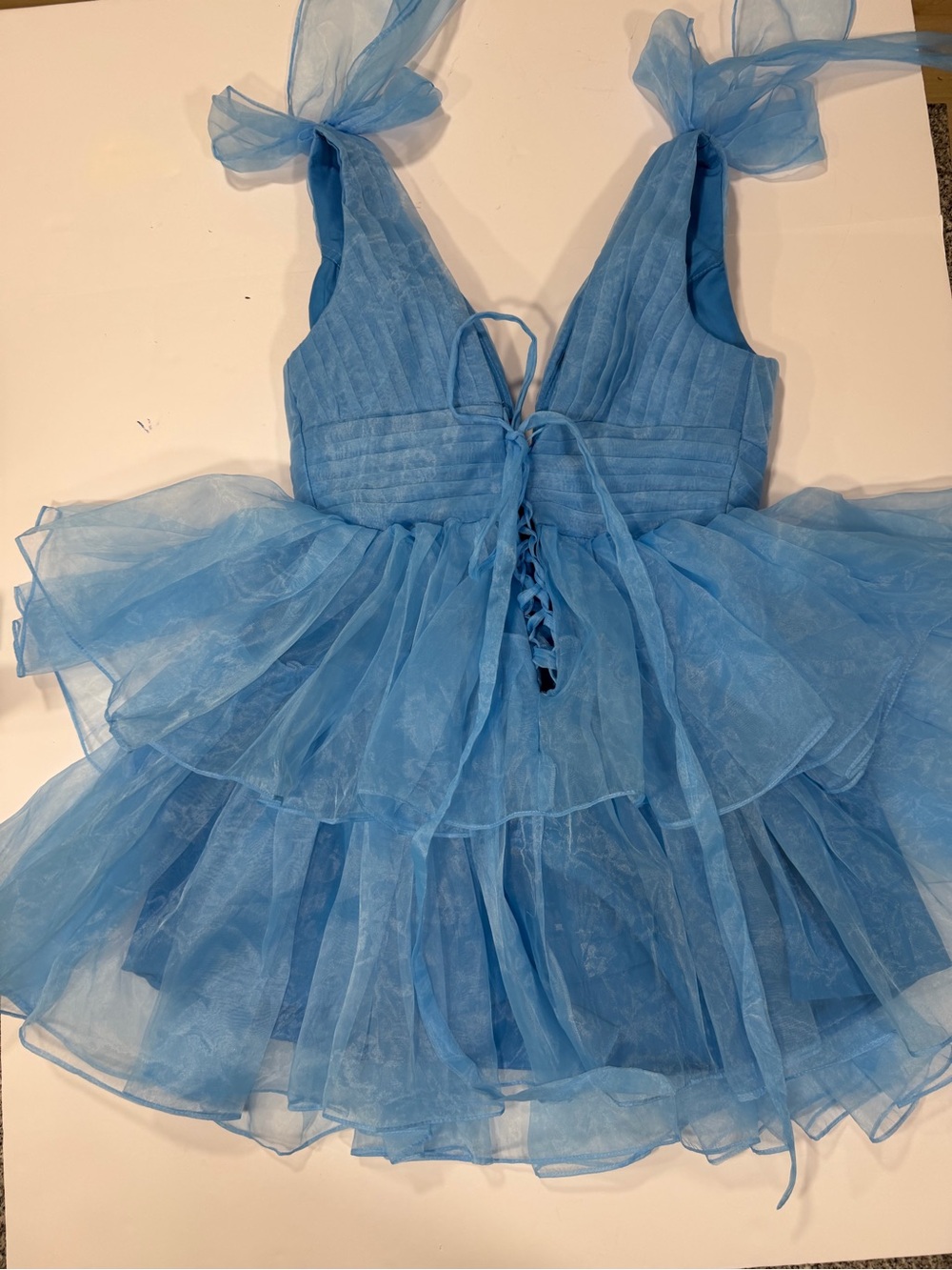 Blue Tie-Shoulder Ruffled V-Neck Mini Dress - Picture 7 of 12